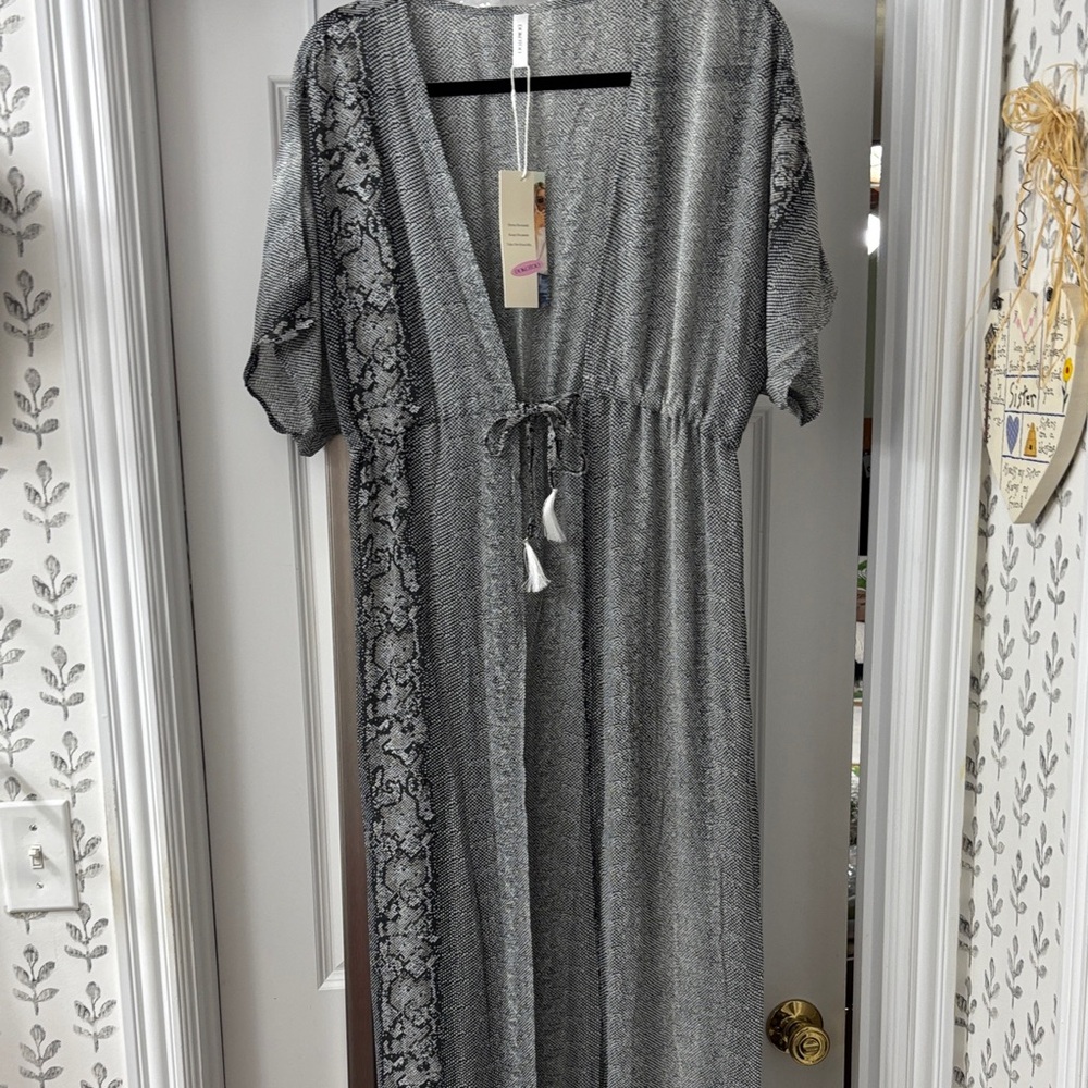 Dakota Monochrome Patterned Maxi Kimono with Adjustable Drawstring